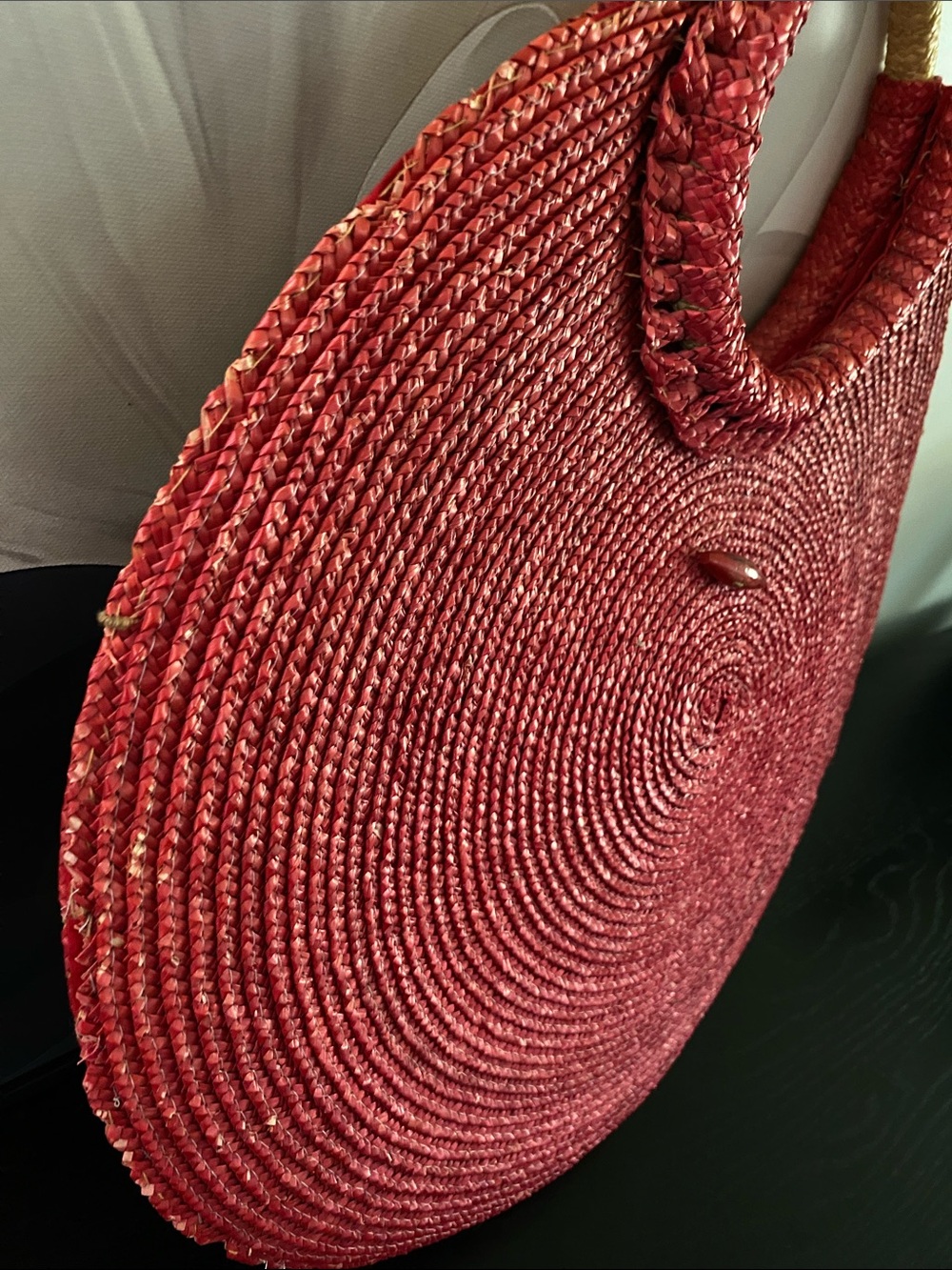 Vintage 80’s Round Boho Red Raffia Handbag - Picture 7 of 11